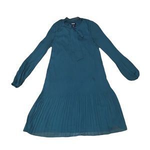 DKNY Sz 4 Accordion Midi Dress w/ bow neck tie • Lightweight Deep Teal Green
